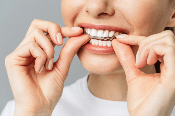 A person putting clear aligners in their mouth | Harwell & Cook Orthodontics