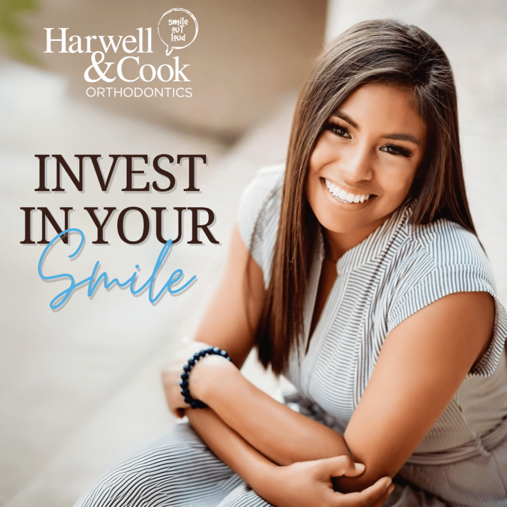 A smiling woman with a graphic about investing in a smile. | Harwell & Cook Orthodontics